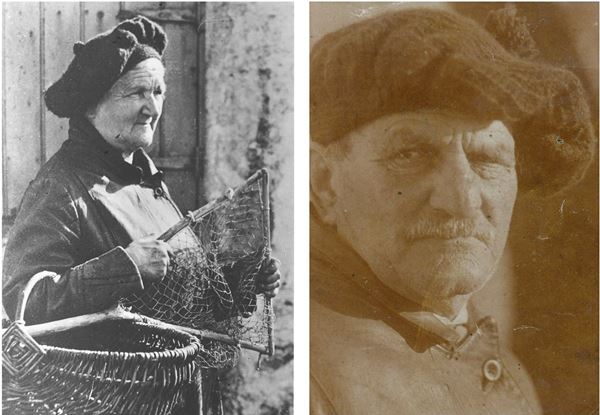Photos of Janet Raby holding a small handmade fishing net and basket, and her brother Dick Raby. Both are wearing warm clothes and hats.